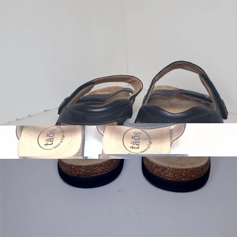Taos Womens Sz 10 Pioneer Black Leather Silver Medallion Comfort Sandals
